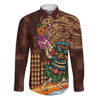 Hawaiian Tiki Mask Surfing Kakau Pattern Family Matching Off Shoulder Short Dress and Hawaiian Shirt LT03 Dad's Shirt - Long Sleeve Brown - Polynesian Pride