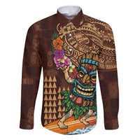 Hawaiian Tiki Mask Surfing Kakau Pattern Family Matching Tank Maxi Dress and Hawaiian Shirt LT03 Dad's Shirt - Long Sleeve Brown - Polynesian Pride