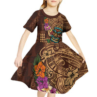 Hawaiian Tiki Mask Surfing Kakau Pattern Kid Short Sleeve Dress
