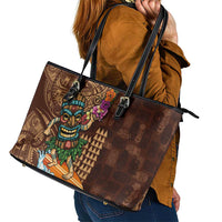Hawaiian Tiki Mask Surfing Kakau Pattern Leather Tote Bag LT03 - Polynesian Pride