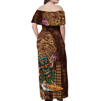 Hawaiian Tiki Mask Surfing Kakau Pattern Off Shoulder Maxi Dress LT03 - Polynesian Pride