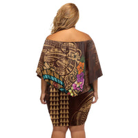 Hawaiian Tiki Mask Surfing Kakau Pattern Off Shoulder Short Dress LT03 - Polynesian Pride