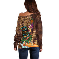 Hawaiian Tiki Mask Surfing Kakau Pattern Off Shoulder Sweater