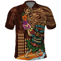 Hawaiian Tiki Mask Surfing Kakau Pattern Polo Shirt LT03 Brown - Polynesian Pride