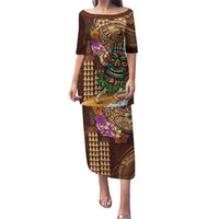Hawaiian Tiki Mask Surfing Kakau Pattern Puletasi LT03 Long Dress Brown - Polynesian Pride