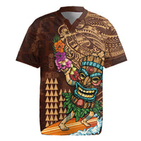 Hawaiian Tiki Mask Surfing Kakau Pattern Rugby Jersey LT03 Brown - Polynesian Pride