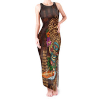 Hawaiian Tiki Mask Surfing Kakau Pattern Tank Maxi Dress LT03 Women Brown - Polynesian Pride