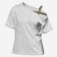Niue White Sunday Cross Shoulder Shirt Hiapo Tribal Art Tattoos LT03 Female White - Polynesian Pride