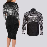 Super Samoan Traditional Tribal Art Tattoos Couples Matching Long Sleeve Bodycon Dress and Long Sleeve Button Shirt Black Color LT03 - Polynesian Pride
