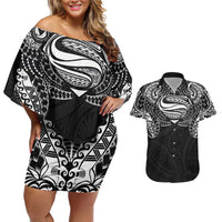 Super Samoan Traditional Tribal Art Tattoos Couples Matching Off Shoulder Short Dress and Hawaiian Shirt Black Color - Polynesian Pride