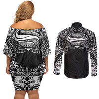 Super Samoan Traditional Tribal Art Tattoos Couples Matching Off Shoulder Short Dress and Long Sleeve Button Shirt Black Color LT03 - Polynesian Pride