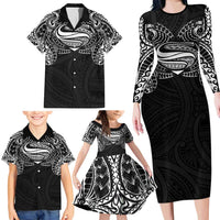 Super Samoan Traditional Tribal Art Tattoos Family Matching Long Sleeve Bodycon Dress and Hawaiian Shirt Black Color - Polynesian Pride