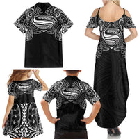 Super Samoan Traditional Tribal Art Tattoos Family Matching Summer Maxi Dress and Hawaiian Shirt Black Color - Polynesian Pride