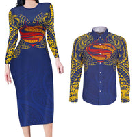 Super Samoan Traditional Tribal Art Tattoos Couples Matching Long Sleeve Bodycon Dress and Long Sleeve Button Shirt Blue Color LT03 Blue - Polynesian Pride