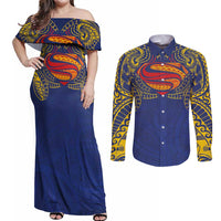 Super Samoan Traditional Tribal Art Tattoos Couples Matching Off Shoulder Maxi Dress and Long Sleeve Button Shirt Blue Color LT03 Blue - Polynesian Pride