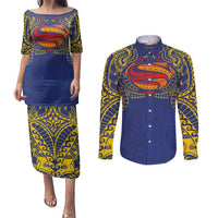 Super Samoan Traditional Tribal Art Tattoos Couples Matching Puletasi and Long Sleeve Button Shirt Blue Color LT03 Blue - Polynesian Pride