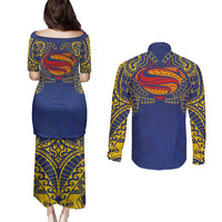 Super Samoan Traditional Tribal Art Tattoos Couples Matching Puletasi and Long Sleeve Button Shirt Blue Color LT03 - Polynesian Pride
