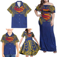 Super Samoan Traditional Tribal Art Tattoos Family Matching Off Shoulder Maxi Dress and Hawaiian Shirt Blue Color - Polynesian Pride