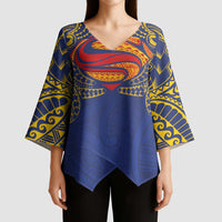 Super Samoan Traditional Tribal Art Tattoos Kimono Sleeve Blouse Blue Color LT03 - Polynesian Pride