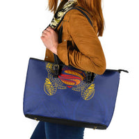 Super Samoan Traditional Tribal Art Tattoos Leather Tote Bag Blue Color - Polynesian Pride