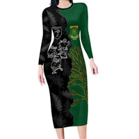 Custom Aotearoa South Africa Rugby Freedom Cup Long Sleeve Bodycon Dress Kiwi Warriors Haka with King Protea Symbol - Polynesian Pride
