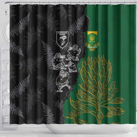 Aotearoa South Africa Rugby Freedom Cup Shower Curtain Kiwi Warriors Haka with King Protea Symbol - Polynesian Pride
