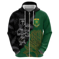 Custom Aotearoa South Africa Rugby Freedom Cup Zip Hoodie Kiwi Warriors Haka with King Protea Symbol - Polynesian Pride