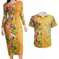 Hawaiian Tropical Fruits and Plants Couples Matching Long Sleeve Bodycon Dress and Hawaiian Shirt Kakau Pattern Summer Vibe