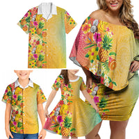 Hawaiian Tropical Fruits and Plants Family Matching Off Shoulder Short Dress and Hawaiian Shirt Kakau Pattern Summer Vibe LT03 - Polynesian Pride