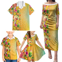 Hawaiian Tropical Fruits and Plants Family Matching Puletasi and Hawaiian Shirt Kakau Pattern Summer Vibe