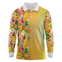 Hawaiian Tropical Fruits and Plants Long Sleeve Polo Shirt Kakau Pattern Summer Vibe