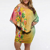 Hawaiian Tropical Fruits and Plants Off Shoulder Short Dress Kakau Pattern Summer Vibe