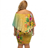 Hawaiian Tropical Fruits and Plants Off Shoulder Short Dress Kakau Pattern Summer Vibe