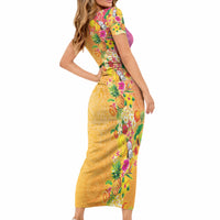 Hawaiian Tropical Fruits and Plants Short Sleeve Bodycon Dress Kakau Pattern Summer Vibe