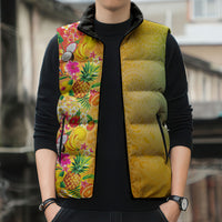 Hawaiian Tropical Fruits and Plants Sleeveless Puffer Jacket Kakau Pattern Summer Vibe