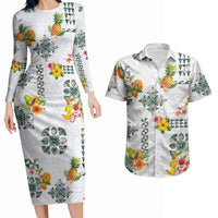 Hawaiian Quilts Couples Matching Long Sleeve Bodycon Dress and Hawaiian Shirt Tropical Fruits and Plants