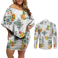 Hawaiian Quilts Couples Matching Off Shoulder Short Dress and Long Sleeve Button Shirt Tropical Fruits and Plants LT03 White - Polynesian Pride