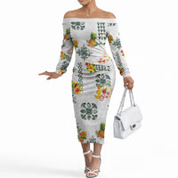 Hawaiian Quilts Off The Shoulder Long Sleeve Dress Tropical Fruits and Plants