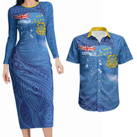Tuvalu Heritage Couples Matching Long Sleeve Bodycon Dress and Hawaiian Shirt Map of the Islands and Polynesia Pattern LT03 Blue - Polynesian Pride