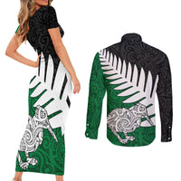 Aotearoa New Zealand Couples Matching Short Sleeve Bodycon Dress and Long Sleeve Button Shirts Silver Fern Kiwi Bird and NZ Map with Maori Tribal Green Style LT03 - Polynesian Pride