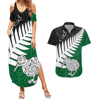 Aotearoa New Zealand Couples Matching Summer Maxi Dress and Hawaiian Shirt Silver Fern Kiwi Bird and NZ Map with Maori Tribal Green Style LT03 Green - Polynesian Pride