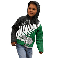 Aotearoa New Zealand Kid Hoodie Silver Fern Kiwi Bird and NZ Map with Maori Tribal Green Style LT03 - Polynesian Pride