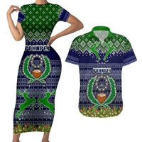 Personalised Pohnpei State Christmas Couples Matching Short Sleeve Bodycon Dress and Hawaiian Shirt Coat of Arms Beautiful Merry Xmas Snowflake LT03 Blue - Polynesian Pride