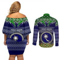 Personalised Chuuk State Christmas Couples Matching Off Shoulder Short Dress and Long Sleeve Button Shirts Coat of Arms Beautiful Merry Xmas Snowflake LT03 - Polynesian Pride