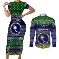 personalised-chuuk-state-christmas-couples-matching-short-sleeve-bodycon-dress-and-long-sleeve-button-shirts-coat-of-arms-beautiful-merry-xmas-snowflake