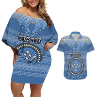 Kosrae Christmas Couples Matching Off Shoulder Short Dress and Hawaiian Shirt Coat of Arms Beautiful Merry Xmas Snowflake LT03 Blue - Polynesian Pride