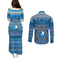 Personalised Yap Christmas Couples Matching Puletasi Dress and Long Sleeve Button Shirts Coat of Arms Beautiful Merry Xmas Snowflake LT03 - Polynesian Pride