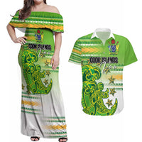 Personalised Cook Islands Va'a Race Couples Matching Off Shoulder Maxi Dress and Hawaiian Shirt Te Tatau Tattoos Sporty Style Green-White Color - Polynesian Pride