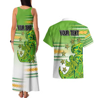 Personalised Cook Islands Va'a Race Couples Matching Tank Maxi Dress and Hawaiian Shirt Te Tatau Tattoos Sporty Style Green-White Color - Polynesian Pride