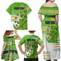 Personalised Cook Islands Va'a Race Family Matching Off Shoulder Maxi Dress and Hawaiian Shirt Te Tatau Tattoos Sporty Style Green-White Color - Polynesian Pride